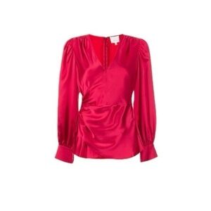 Cinq a Sept Red Asymmetrical Ruched Long Sleeve Blouse